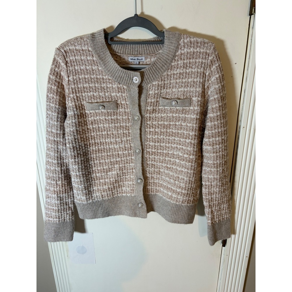 White Birch Tan Tweed Knit Cardigan Sweater Pearl Rhinestone Buttons Large NWT
